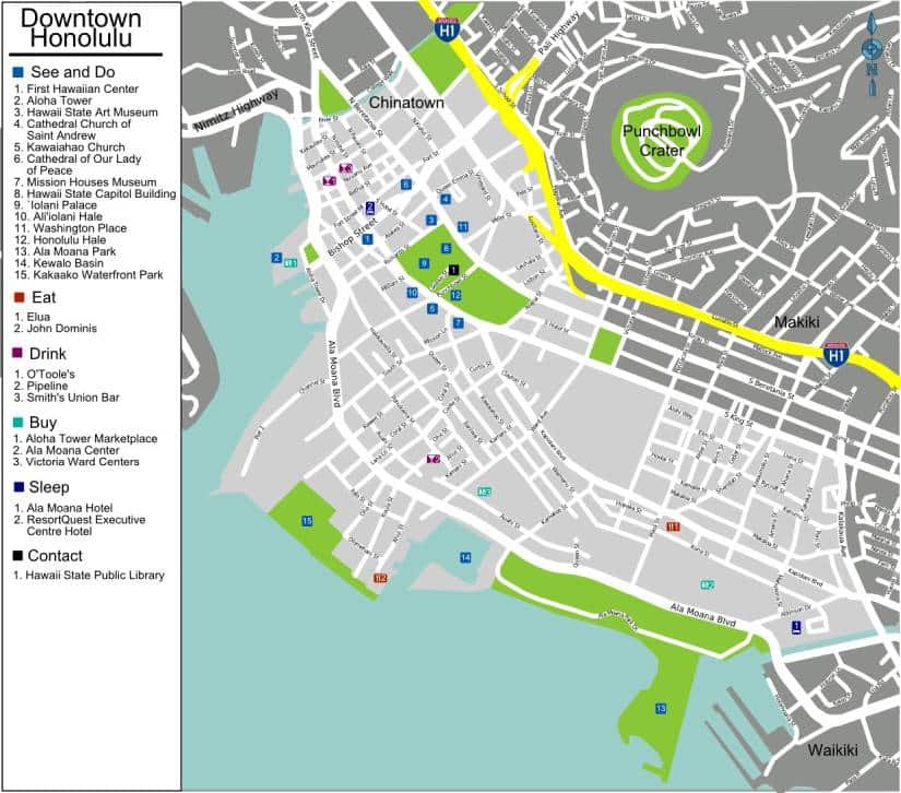 Mapa dos pontos turísticos de Honolulu