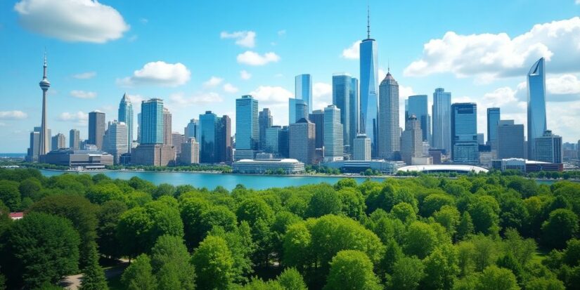 Paisagem urbana do Canadá com edifícios modernos e céu azul.