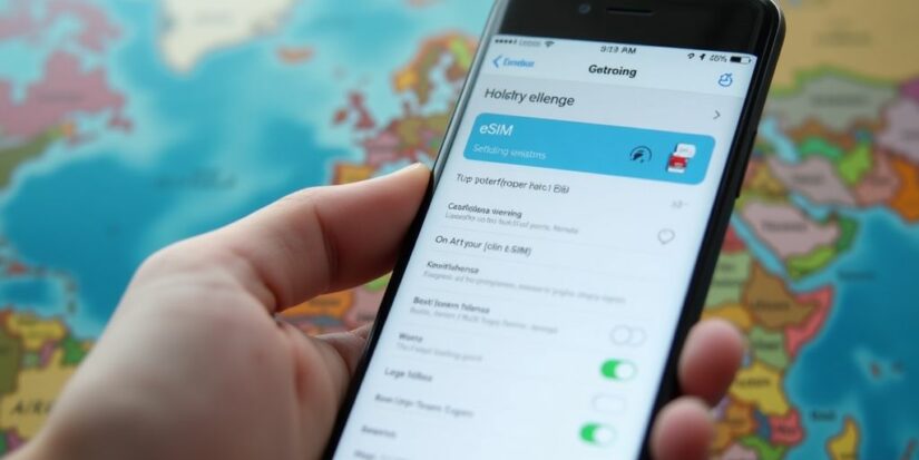 Imagem de um smartphone com eSIM Holafly em fundo de viagem.