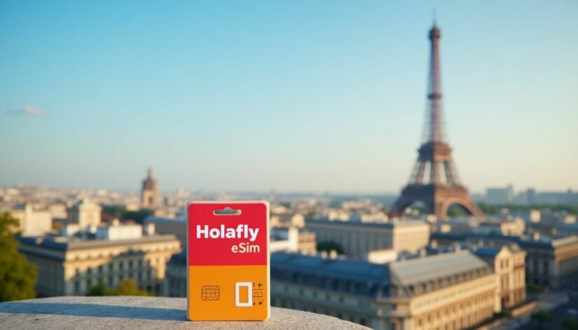 Pacote de cartão eSim Holafly França posicionado em frente à Torre Eiffel, com um cenário urbano desfocado.