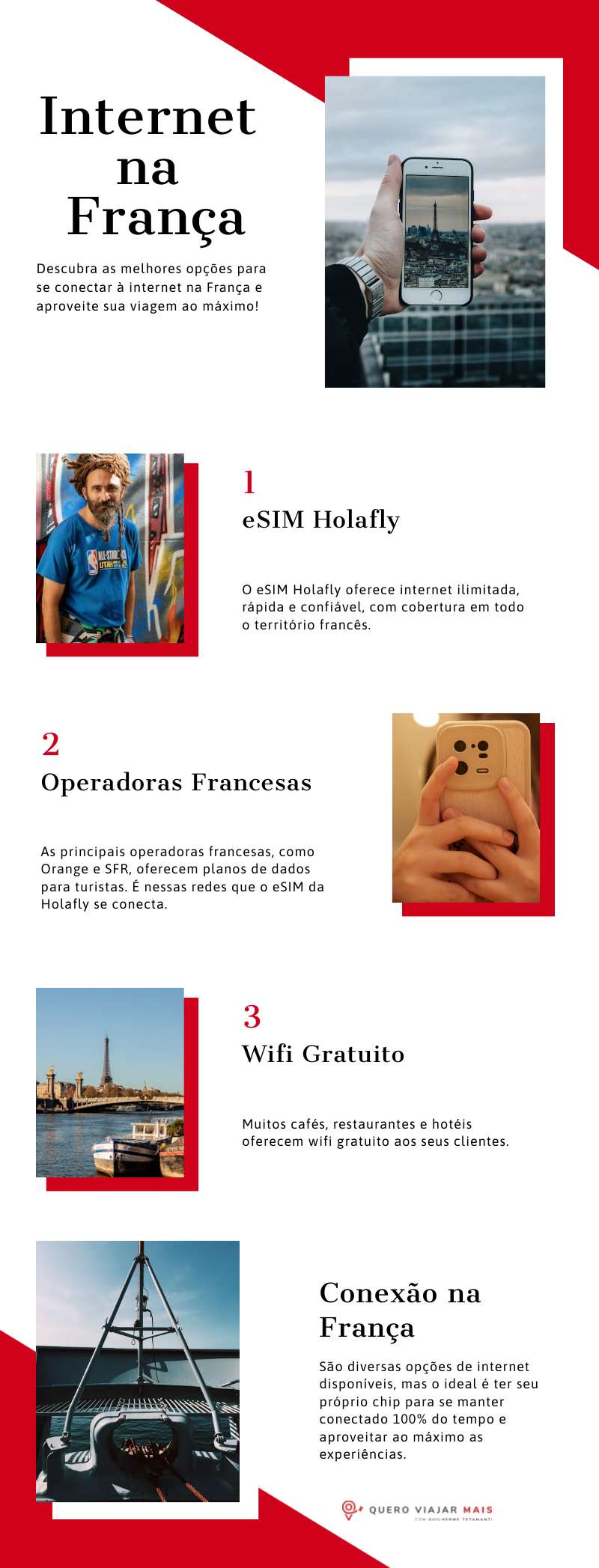 Descubra o guia definitivo para opções de internet na França com nosso infográfico, apresentando soluções eSIM como Holafly França ao lado de operadoras locais e disponibilidade de hotspot Wi-Fi.