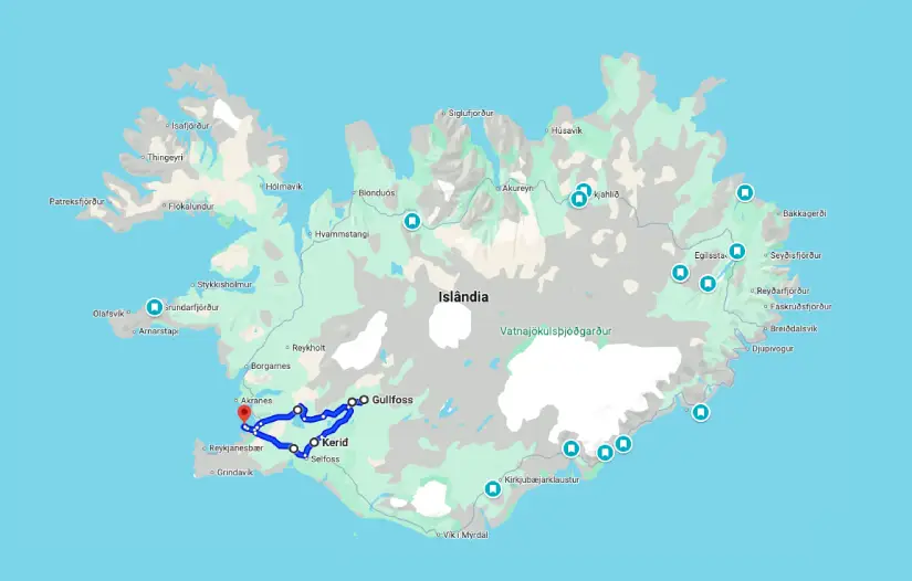 Mapa da Islândia com os principais locais e a rota do Círculo Dourado em azul, ou Golden Circle, perfeito para sua aventura de motorhome na Islândia.