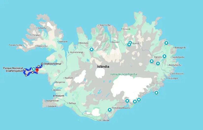 Mapa da Islândia destaca locais de interesse na Península de Snæfellsnes, como o Parque Nacional Snæfellsjökull.