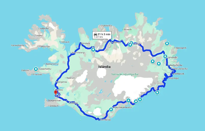 Mapa da Islândia mostrando a rota Ring Road para fazer de motorhome ao redor da ilha, com paradas marcadas e um tempo de viagem de 21 horas e 3 minutos.