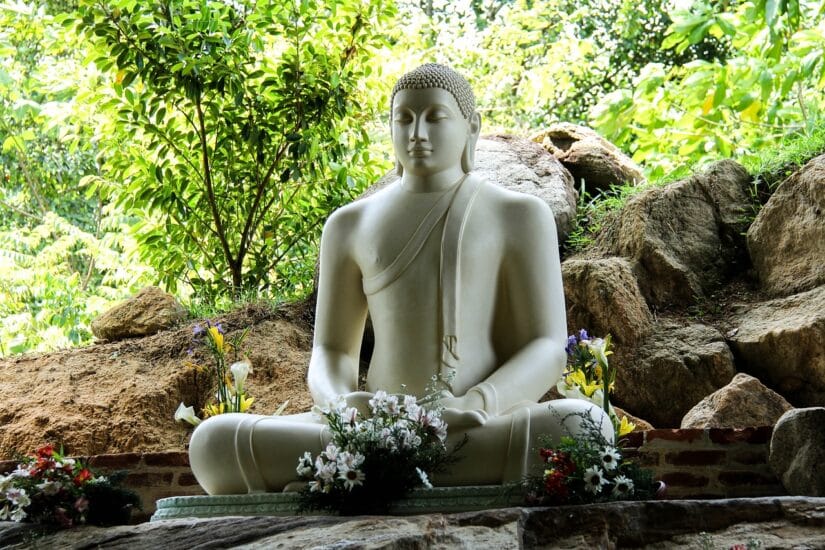 Uma serena estátua branca de Buda cercada por pedras e vegetação, com flores na base, oferece tranquilidade em um ambiente onde a conectividade prevalece; assim como um chip de celular no Sri Lanka mantém você conectado em sua jornada.